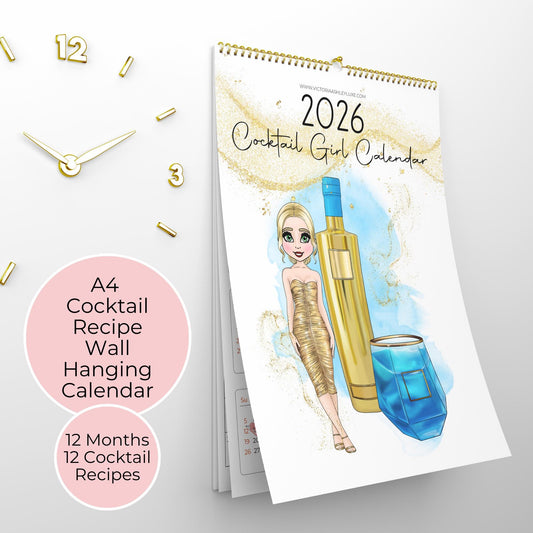 2026 Cocktail Girl A4 Wall Calendar, Custom Illustrated Cocktail Recipes Calendar, Unique Gift For Cocktail Lovers, Kitchen Wall Home Décor