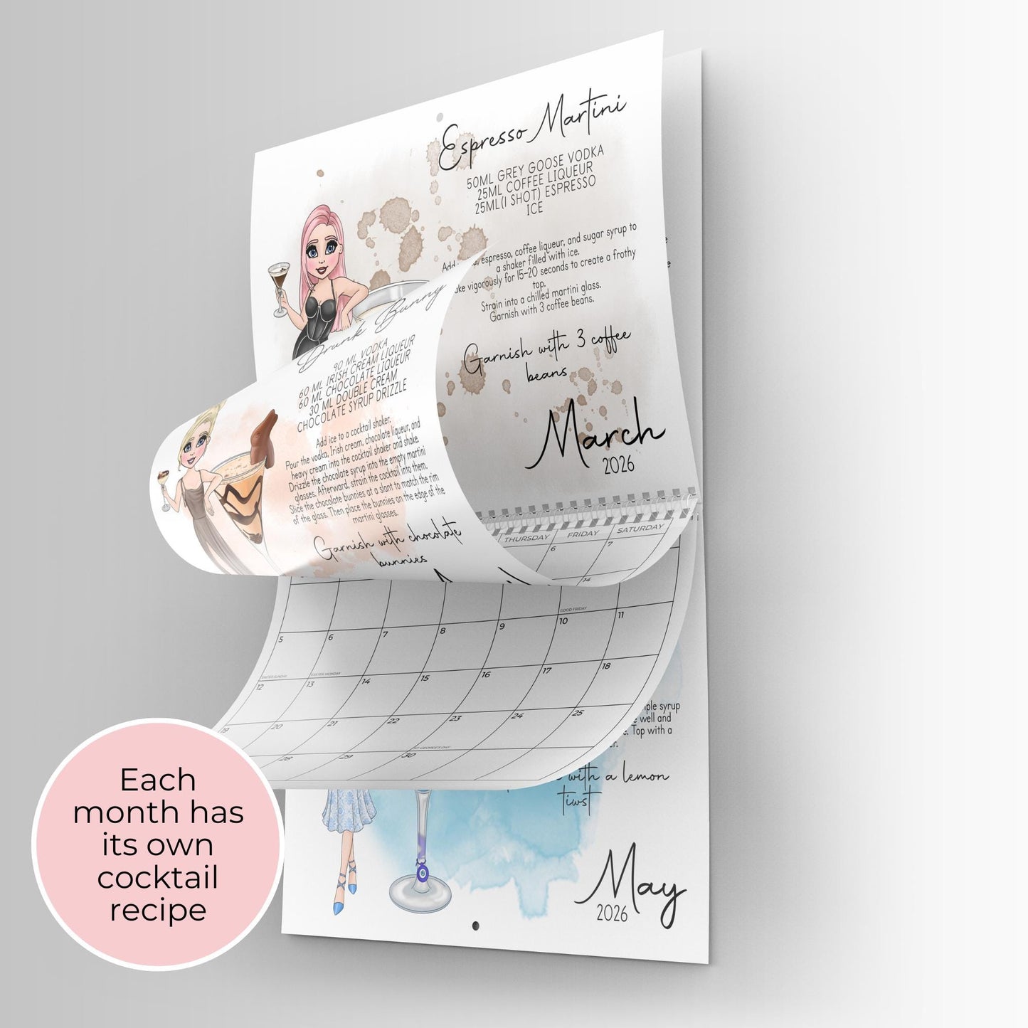 2026 Horizontal A4 Cocktail Girl Wall Calendar with Scottish Holidays, Illustrated Cocktail Recipes, Unique Kitchen Wall Home Décor Gift