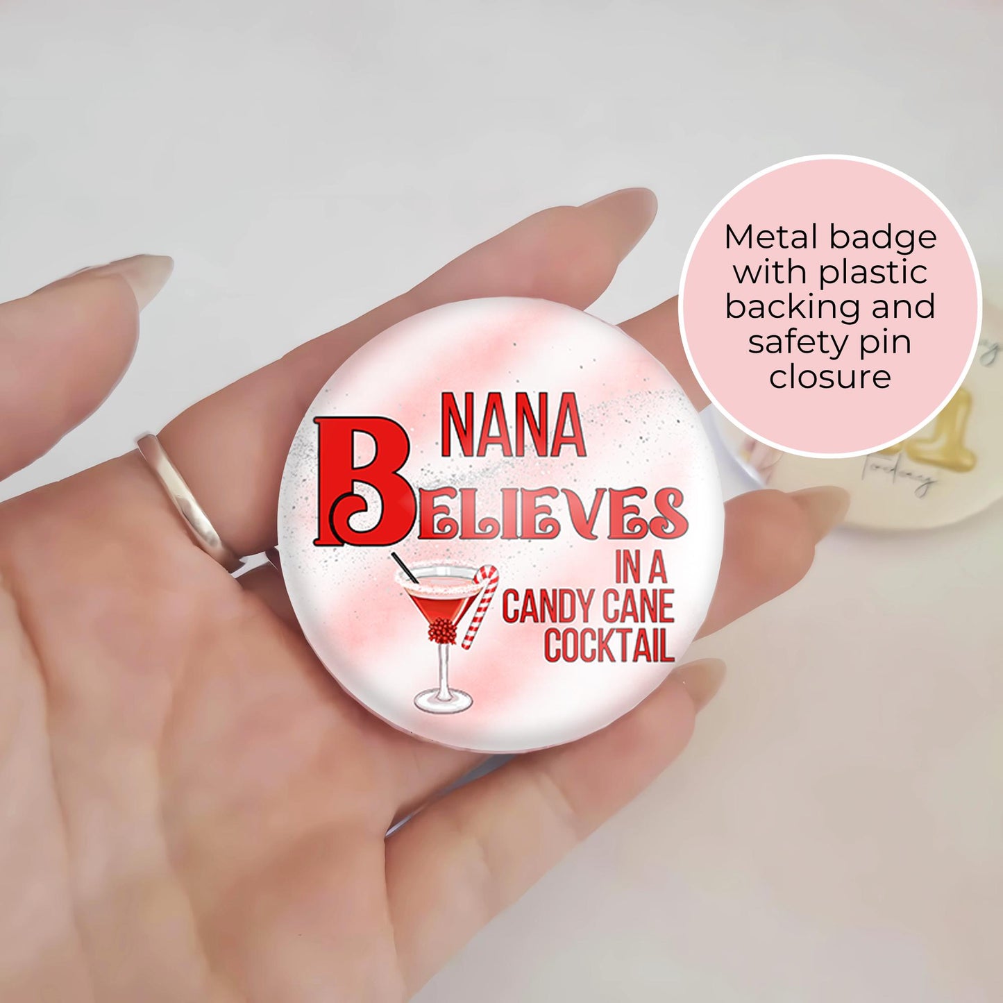 I Believe In Candy Cane Cocktail Personalised 58MM Novelty Humour Christmas Badge Gift, Funny Festive Pin Button Badge, Candy Cane Festive #BB #CC