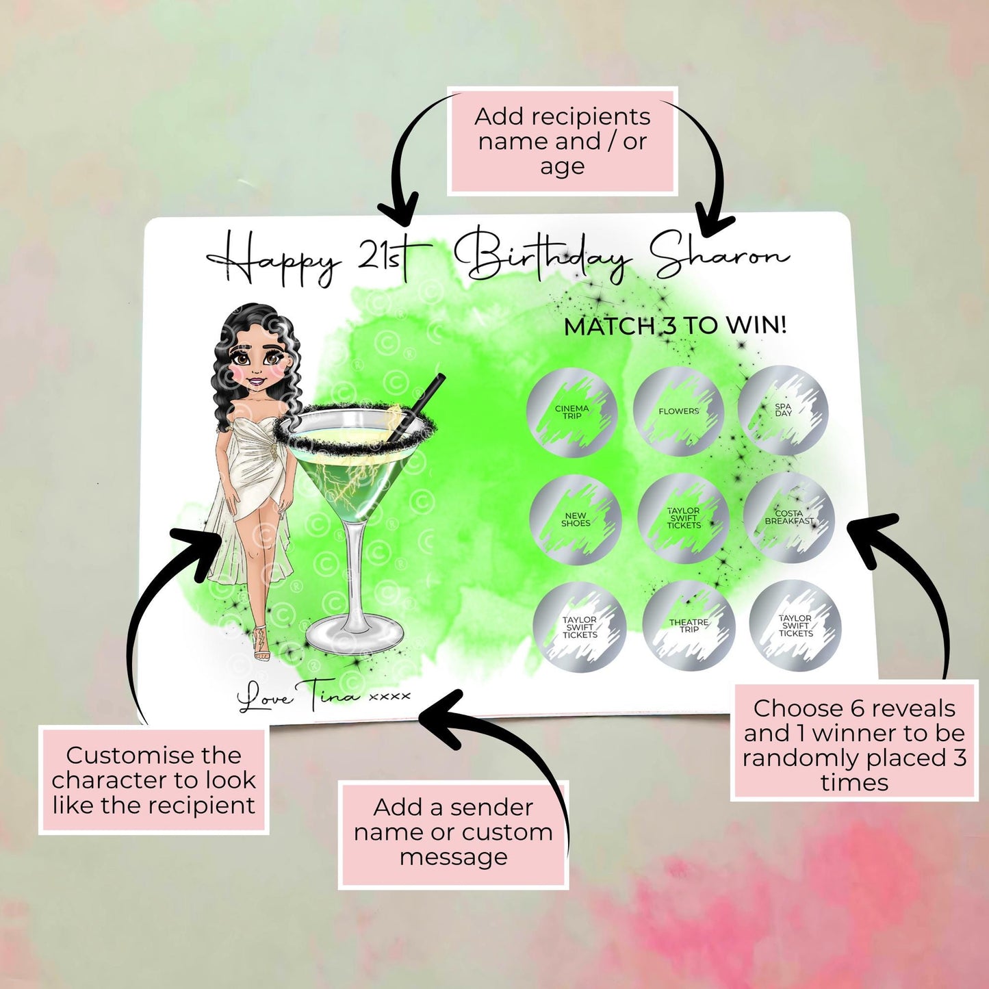 Personalised Sour Frankenstein Cocktail Recipe Birthday Reveal Scratch Card, 18th Birthday Spooky Scratch Off Card, Match 3 To Win Gift Card #SC