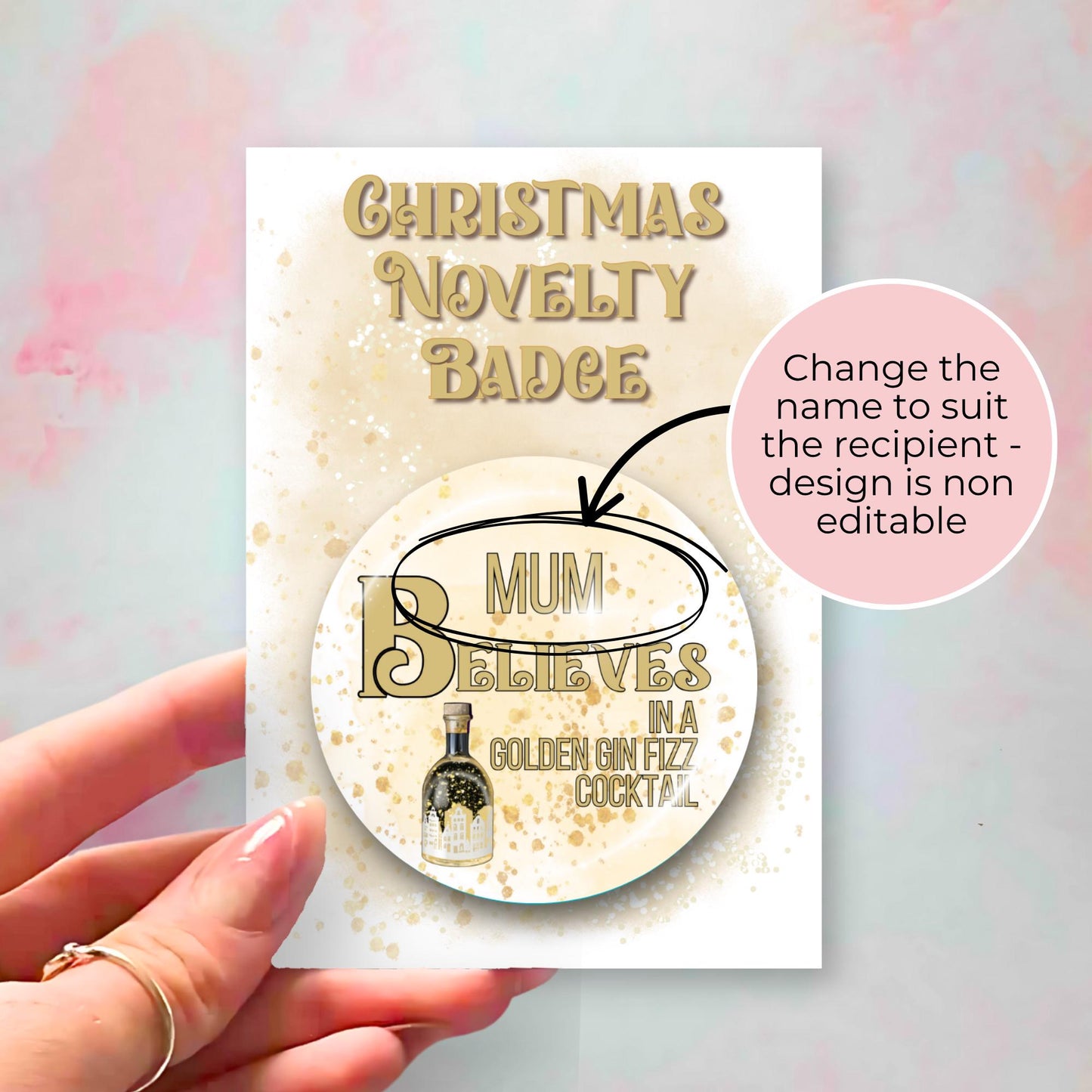 I Believe In A Golden Gin Fizz Festive Button Badge, Adult Humour Festive Christmas Badges, Personalised  Name Badge Table Place Settings #BB #CG
