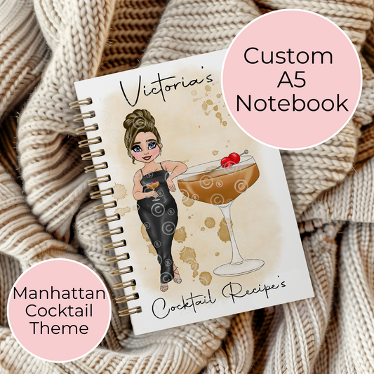 Manhattan A5 Personalised Spiral Bound Notebook, Custom Cocktail Recipe Journal For Her Milestone Birthday, Whisky Cocktail Gift #NB