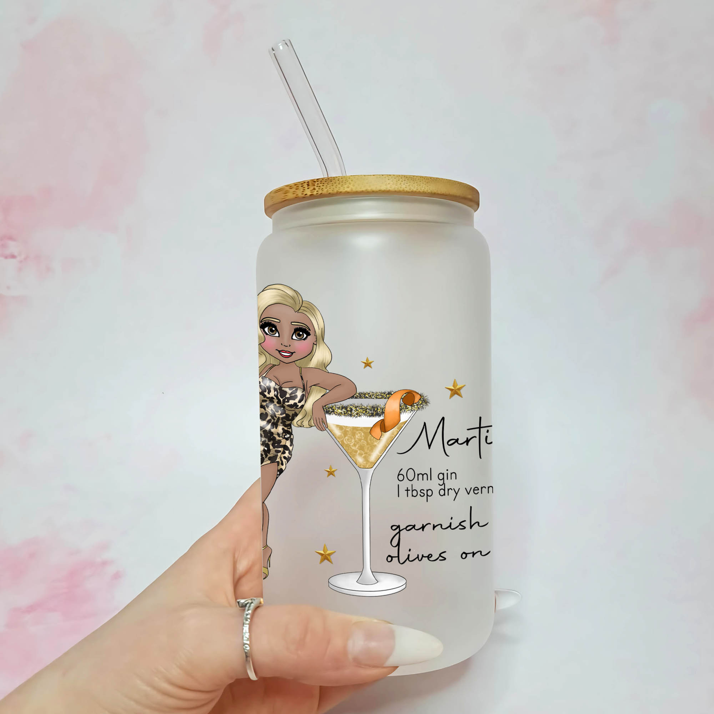 Plus Sized Martini Cocktail Girl Personalised 16oz Frosted Libby Glass, Ladies Night Hen Party Recipe Glassware, Gin Vermouth Cocktail #FL