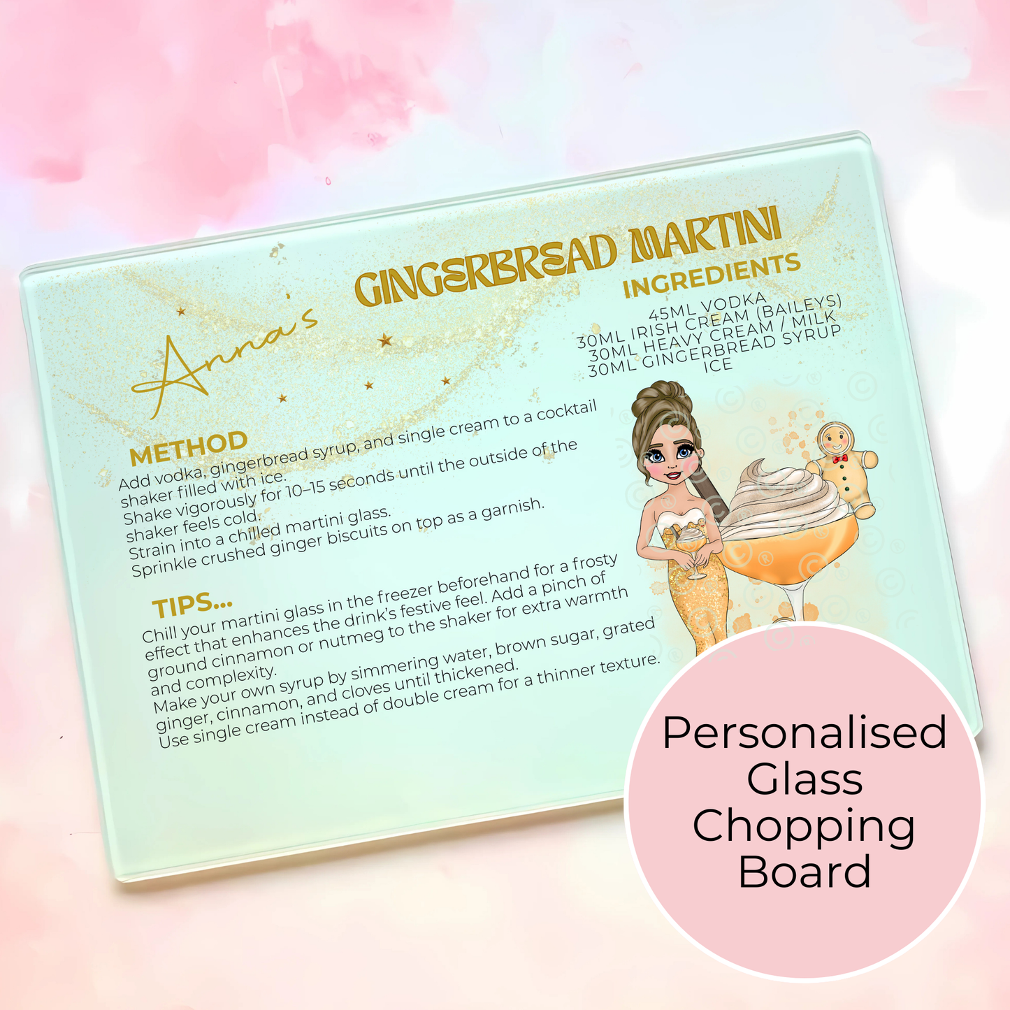 Gingerbread Martini Personalised Christmas A4 Glass Chopping Board, Custom Cocktail Character Recipe, Festive Cocktail Gift for Her, Christmas Kitchen Décor #HG #GB