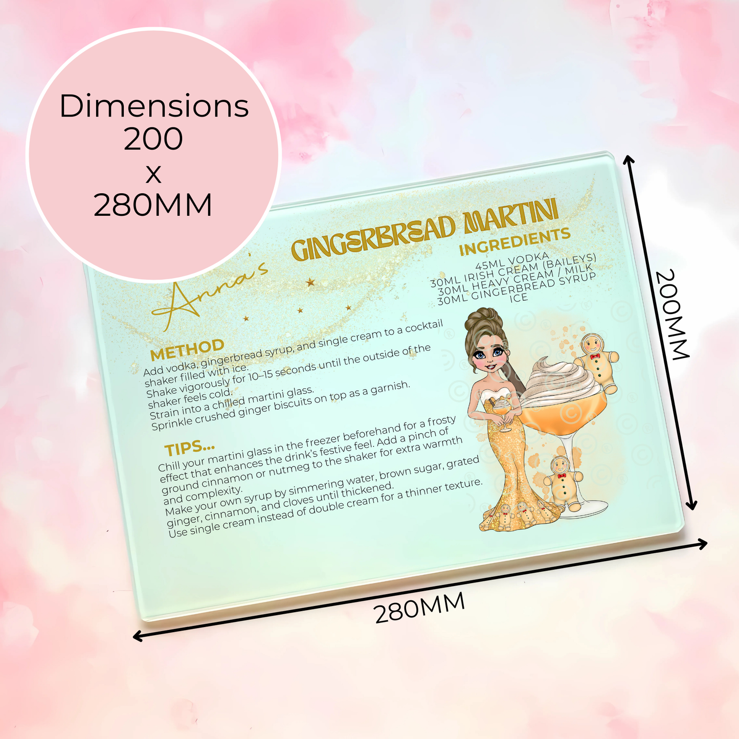 Gingerbread Martini Personalised Christmas A4 Glass Chopping Board, Custom Cocktail Character Recipe, Festive Cocktail Gift for Her, Christmas Kitchen Décor #HG #GB