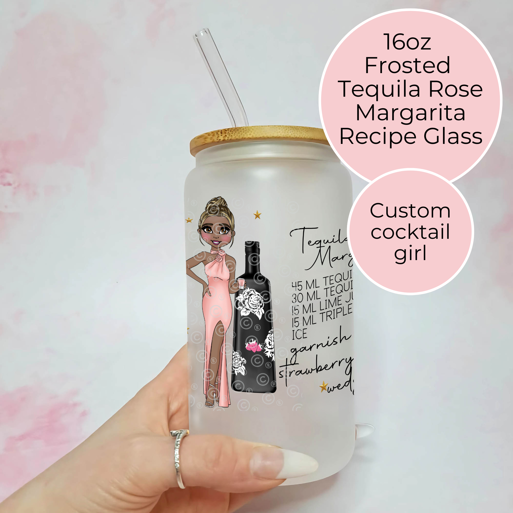 Frosted tequila rose margarita recipe glass with a custom cocktail girl design and straw.